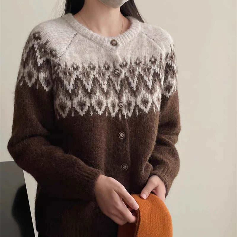 Bxoxo Vintage Fair Isle Knitted Cardigan for Women Cozy O-Neck Button Down Sweater Jacket Fall Winter Korean Style Christmas Sweater