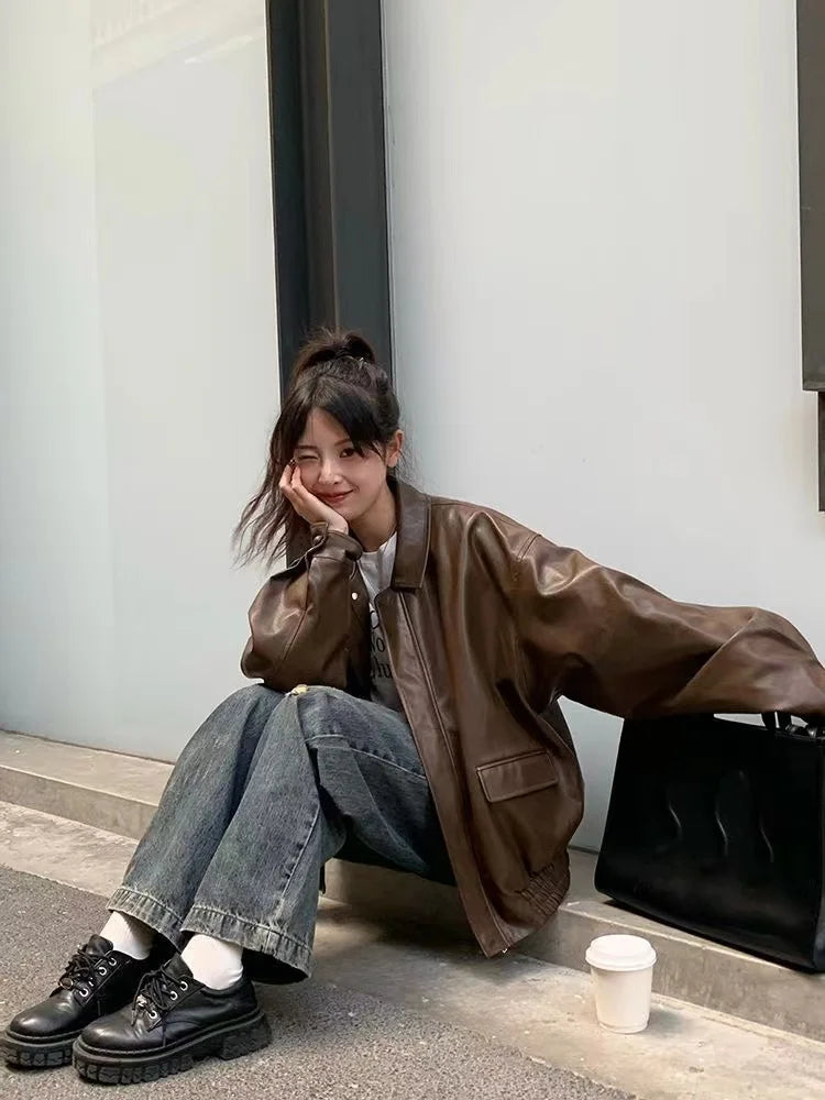 BXOXO Vintage PU Leather Jacket Women High Street Techwear Oversized Moto Biker Coats BF Punk Loose Casual Cropped Outerwear