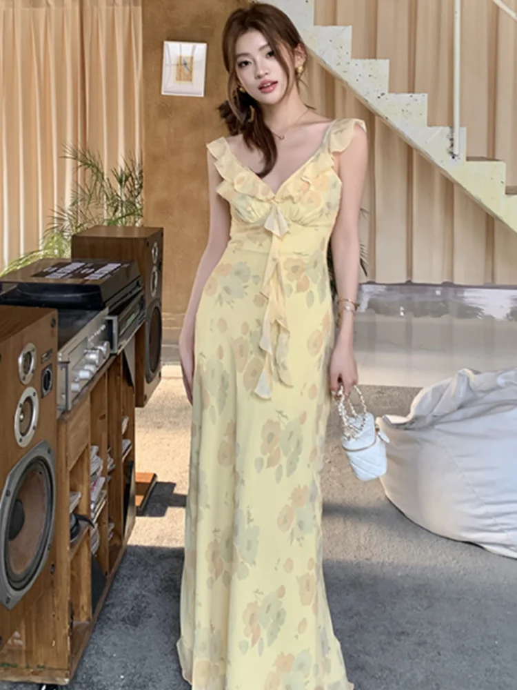Bxoxo French Women's Elegant Floral Printed Dress V-Neck Slim Fit Flying Sleeve Long Dresses Vacation Holiday Sexy Travel New Vestidos