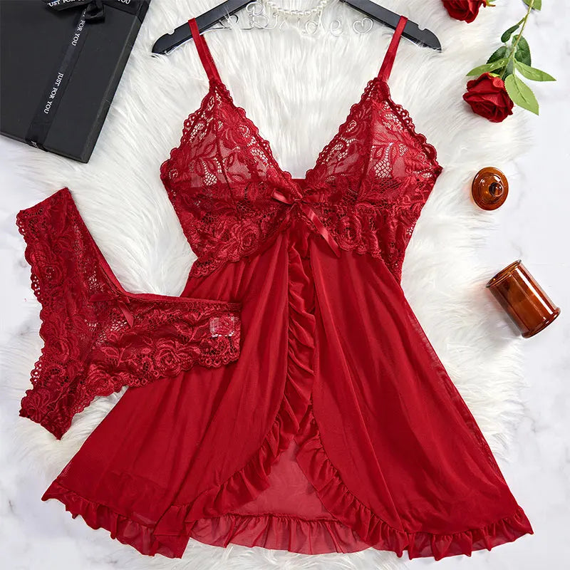 BXOXO Y2K Summer new lace up Halter backless dress European and American sexy hollow pleated Hip Wrap SkirtThin Style G-string Contrast Lace Ruffle Trim Lingerie Set Deep V Slip Dress Thong Women's Sexy Lingerie Lencería Muj