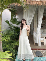 Bxoxo Vintage Embroidered Women Camis Dress Korean Chic Spaghetti Straps Midi Dress Y2K Ladies Elegant Beach Party A Line Dress