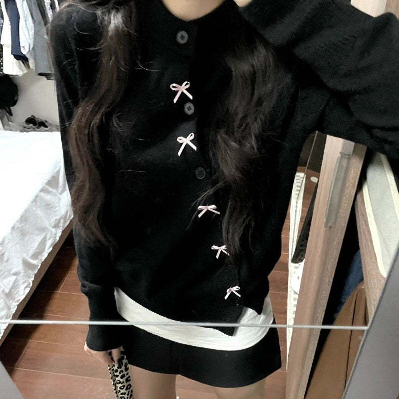 BXOXO Korean Style Sweet Bow Knitted Cardigan Women Elegant Black Sweaters Kawaii Irregular Long Sleeve Cardigan Aesthetics