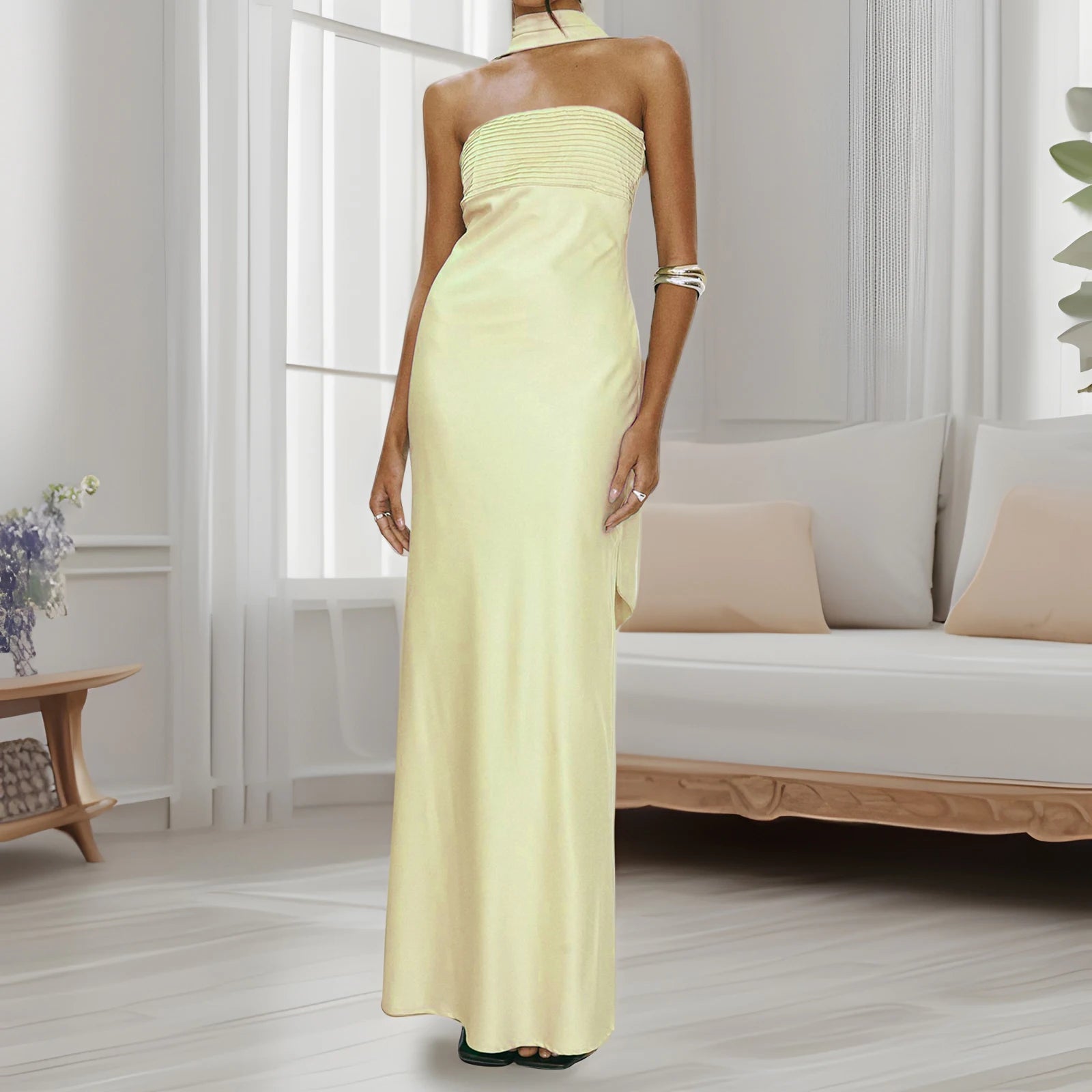 BXOXO Women Summer Long Bandeau Dress Sleeveless Off Shoulder Solid Color Tube Top Dress with Scarf Formal Cocktail Sundress