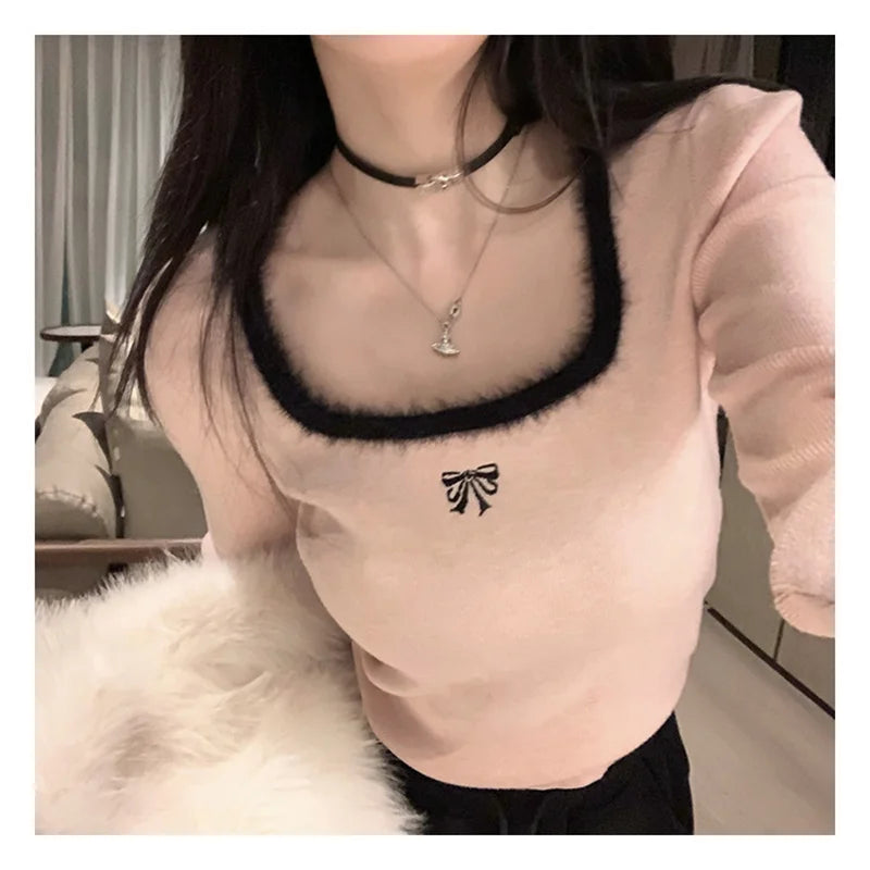 Bxoxo Women Butterfly Embroidered T-shirts Square Neck  Long Sleeve Patchwork Y2K T-Shirts Casual Tees Women Autumn Winter