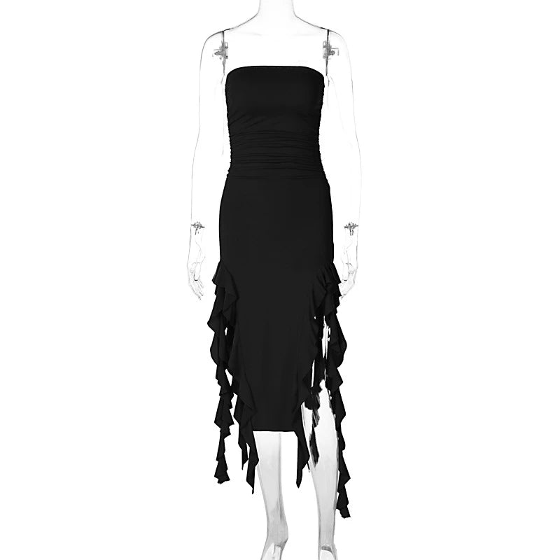 BXOXO Sexy Tassel Fairy Dress Aesthetic Tube Tops Summer Irregular Midi Dresses Elegant Beach Party Outfits Women's Robe Vestidos