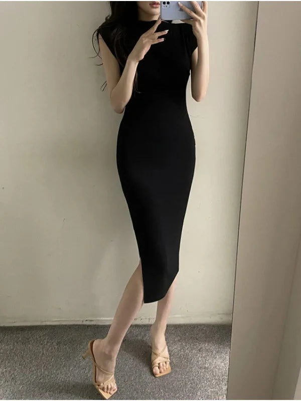 BXOXO Summer New Short Sleeve Women Folds Casual Charm Slim Fit High Waist Split Long Christmas Dress Sexy Wrap Hip Gentle Solid