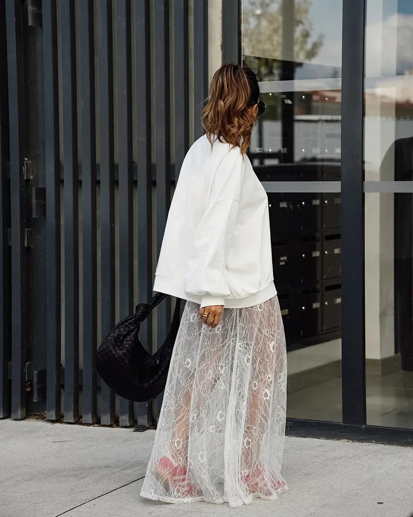 Bxoxo New Jacquard Lace Sheer Long Skirt Women Elastic Waist White Sexy Transparent Maxi Skirts Female Streetwear Fashion Faldas Jupe