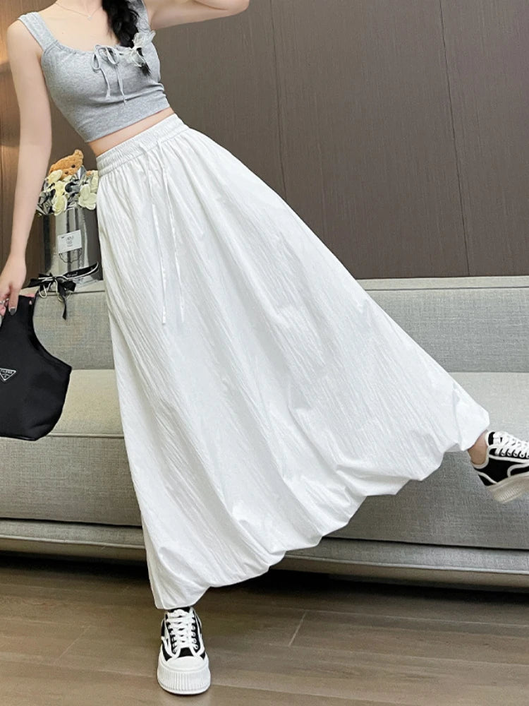 Bxoxo High Waist Fluffy Flower Bud Skirt Summer New Loose Versatile A-line Lantern Skirt Solid Color Elastic High Waist Long Skirt