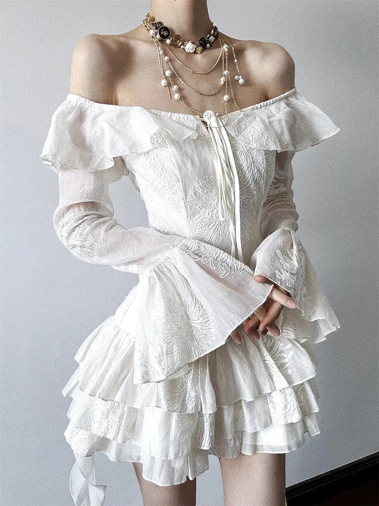Bxoxo Sweet Ruffle Dress Women Y2K Sexy Off Shoulder Lace Up Long Sleeve Mini Dress Fashion Irregular Party Club Vestidos Mujer