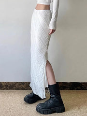 Bxoxo Elegant White Lace Long Skirt Women Vintage Slim Sexy Slit Streetwear Skirts Summer Retro High Waist Design Lady Long Skirt