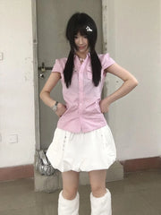Bxoxo Y2k Fairycore Striped Shirt Women Short Sleeve Pocket Casual Shirt Japanese 2000s Blouse And Shirt American Retro Tops