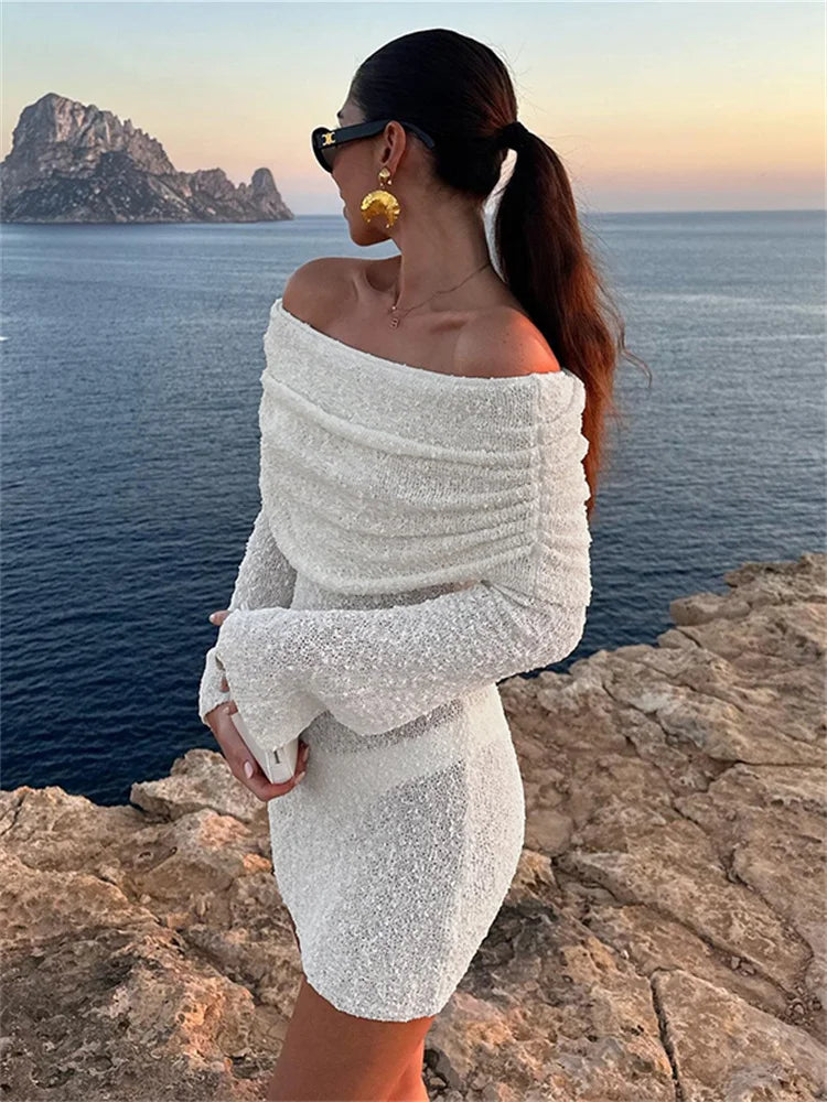 BXOXO Fashion Mesh Patchwork Dress Women Knitted Elegant Ruched Slash Neck Flared Sleeve Vacation Beach Party Mini Bodycon