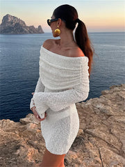 BXOXO Fashion Mesh Patchwork Dress Women Knitted Elegant Ruched Slash Neck Flared Sleeve Vacation Beach Party Mini Bodycon