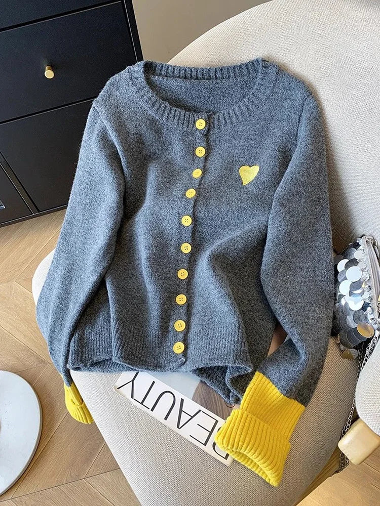 Bxoxo Vintage Love Print Cardigan Women Lazy Wind Patchwork Long Sleeve Knitted Sweaters Casual O Neck Fall Retro Korean Female Tops