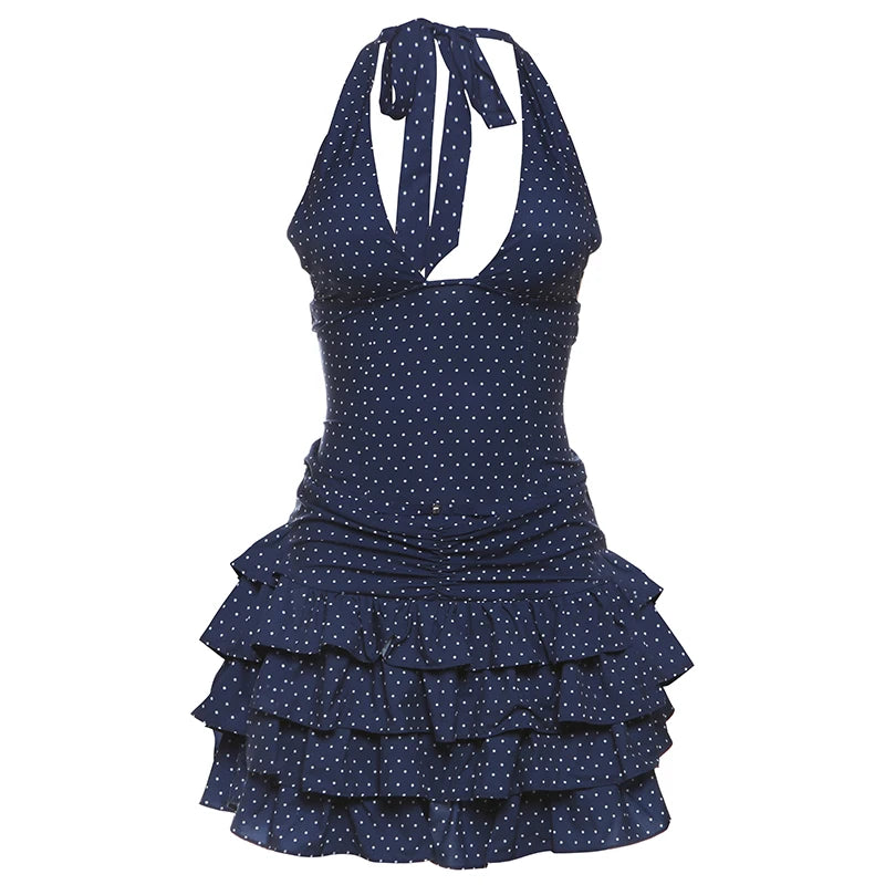 BXOXO Low-Neck Polka Dots Women Two-Piece Set Halter Sleeveless Backless Mini Top+Multi-Layered Ruffles Sweet Bottoms Suits