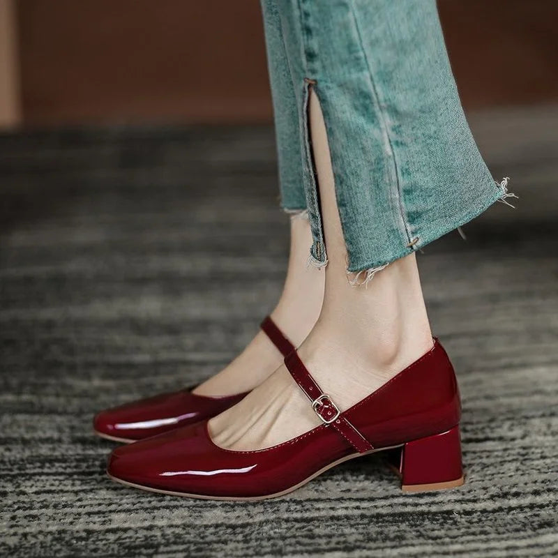 BXOXO New Women's Red Black Mary Janes Shoes High Quality Leather Low Heel Dress Shoes Square Toe Shallow Buckle Strap Women's Shoes