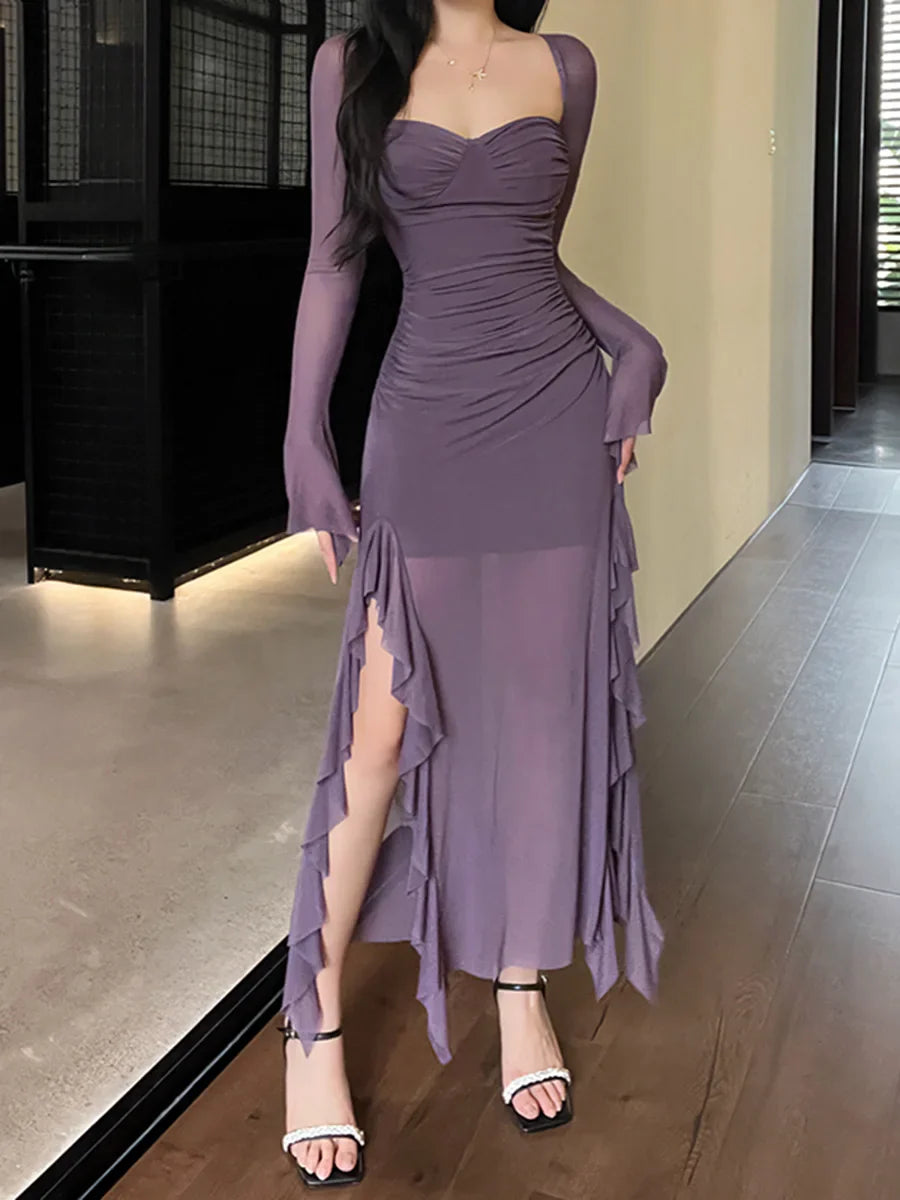 BXOXO Purple Mature Sexy Beautiful Confident Elegant Graceful Women'S Translucent Thin Straight Dress