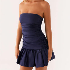 BXOXO Fashion Women's Ruched Tube Top Dress Vintage Holiday Strapless Sleeveless Slim Fit Flare Dress Summer Clubbing Dress