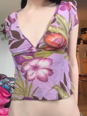 BXOXO Flower Prints V-Neck Butterfly Sleeve Slim Fit T-Shirts Summer Fashion Chic Design Blouses
