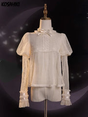 BXOXO Lolita See Through Sweet Women Shirts Lace Embroidery Harajuku Blouse Fairy Long Puff Sleeve Sweet Y2k Aesthetic Blusas De Mujer