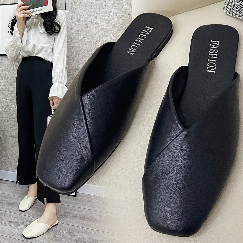 BXOXO Women Mules Summer Elegant Square Closed Toe Flat Slippers Female Shoes Casual Leather Black White Slides Plus Size 35-43