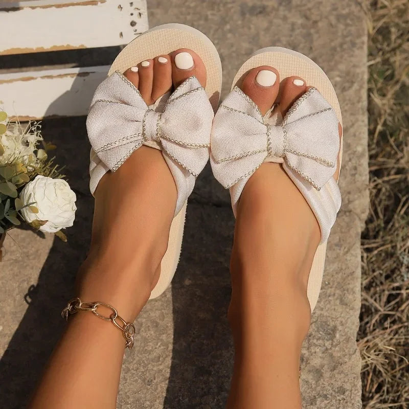 BXOXO New Summer Slippers Outdoor Beach Flip-flops Cute Flower Bow Decoration Casual Flat Slippers Shoes for Women Slides