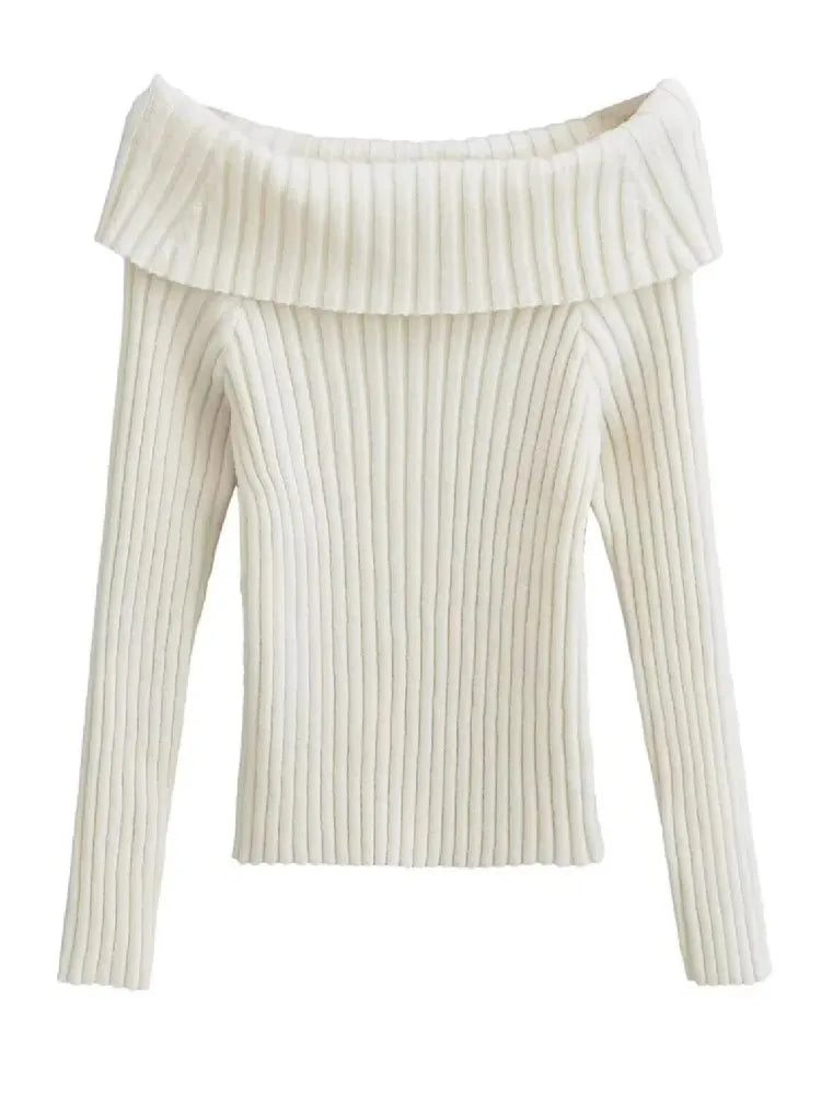 Bxoxo Autumn Winter Solid Color Rib Knitted Off the Shoulder Pullover Sweater Sexy Women Full Sleeve Slim Stretch Knitwear Jumper