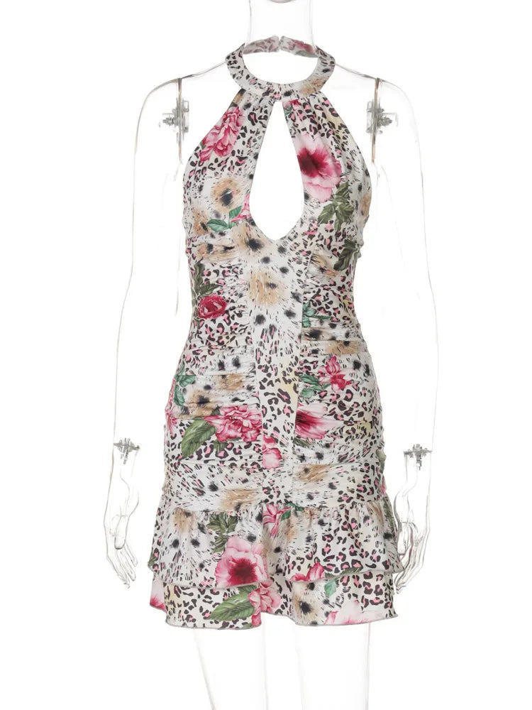 BXOXO  Hollow Out Halter Print Mini Dress For Women Robe Fashion Sleeveless Backless High Waist Ruffled Club Party Dress