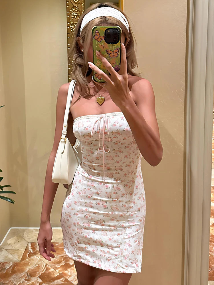 BXOXO Floral Print Strapless Backless Lace Up Sexy Bodycon Mini Prom Dress Summer Women Fashion Outfit Beach Party Vacation