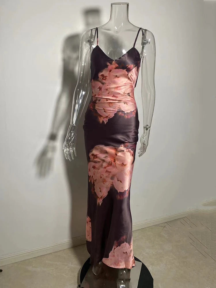 BXOXO  Satin Floral Print Sexy Maxi Dress Women Gown Elegant Spaghetti Strap Sleeveless Backless Bodycon Evening Club Dress