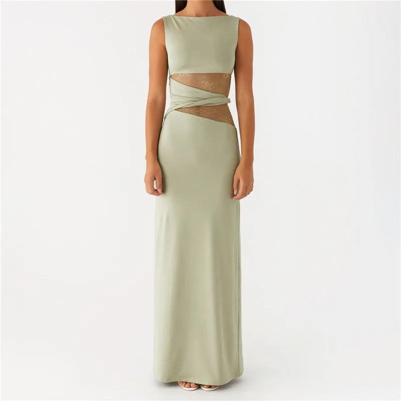 BXOXO Women Bodycon Maxi Dress Sexy Lace Patchwork Sleeveless Backless Long Pencil Dress Y2K Slim Fit Cocktail Party Dresses