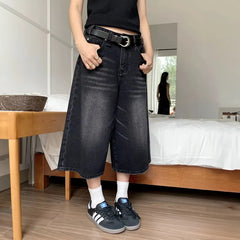 BXOXO Women Black Y2k Style Baggy Denim Shorts Wide Leg Short Pants Fashion High Waisted Dark Wash Knee Length Jeans Female Casual