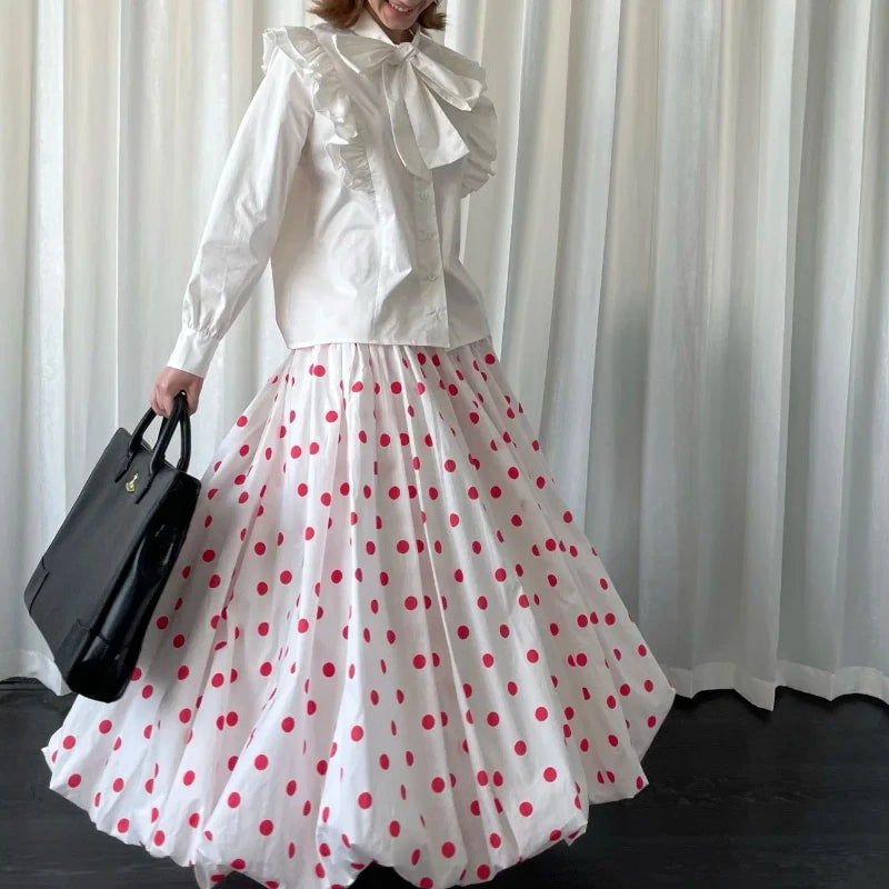 Bxoxo Vintage Sweet Long Skirt Women Elegant Red Polka Dot Maxi Skirts Japanese Style Harajuku High Waist Loose Ruffle Skirts