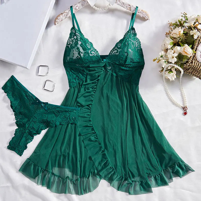 BXOXO Y2K Summer new lace up Halter backless dress European and American sexy hollow pleated Hip Wrap SkirtThin Style G-string Contrast Lace Ruffle Trim Lingerie Set Deep V Slip Dress Thong Women's Sexy Lingerie Lencería Muj