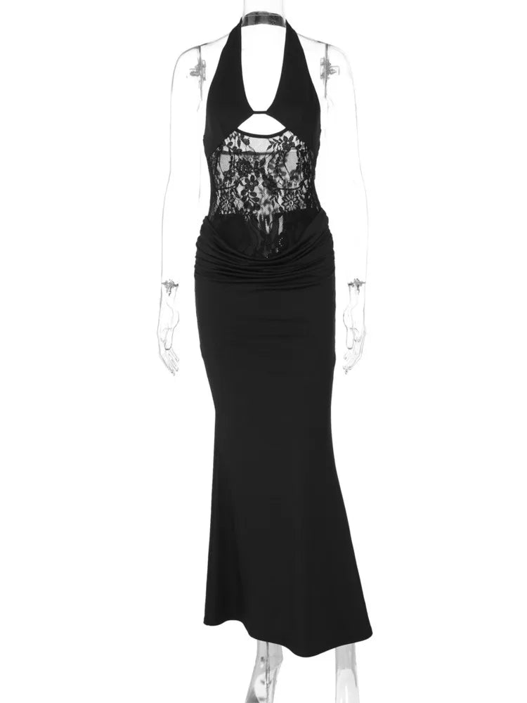 BXOXO  Sheer Lace Hollow Out Sexy Maxi Dress For Women Gown Halter Deep V Neck Sleeveless Backless Bodycon Long Dress