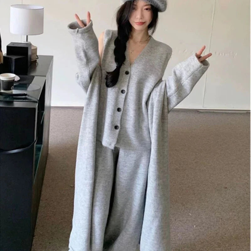 BXOXO Winter French Knitted Suits 3 Piece Set Women Casual Long Cardigan + Vintage Vest + Office Lady Long Pants Korean Fashion