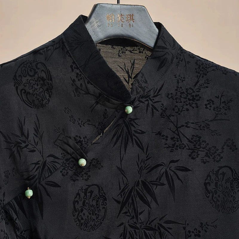 Bxoxo Retro Thin Shirt New Chinese Style Cheongsam Top Black Jacquard Short Sleeve T-shirt Summer Mature Fashion Women's Clothing