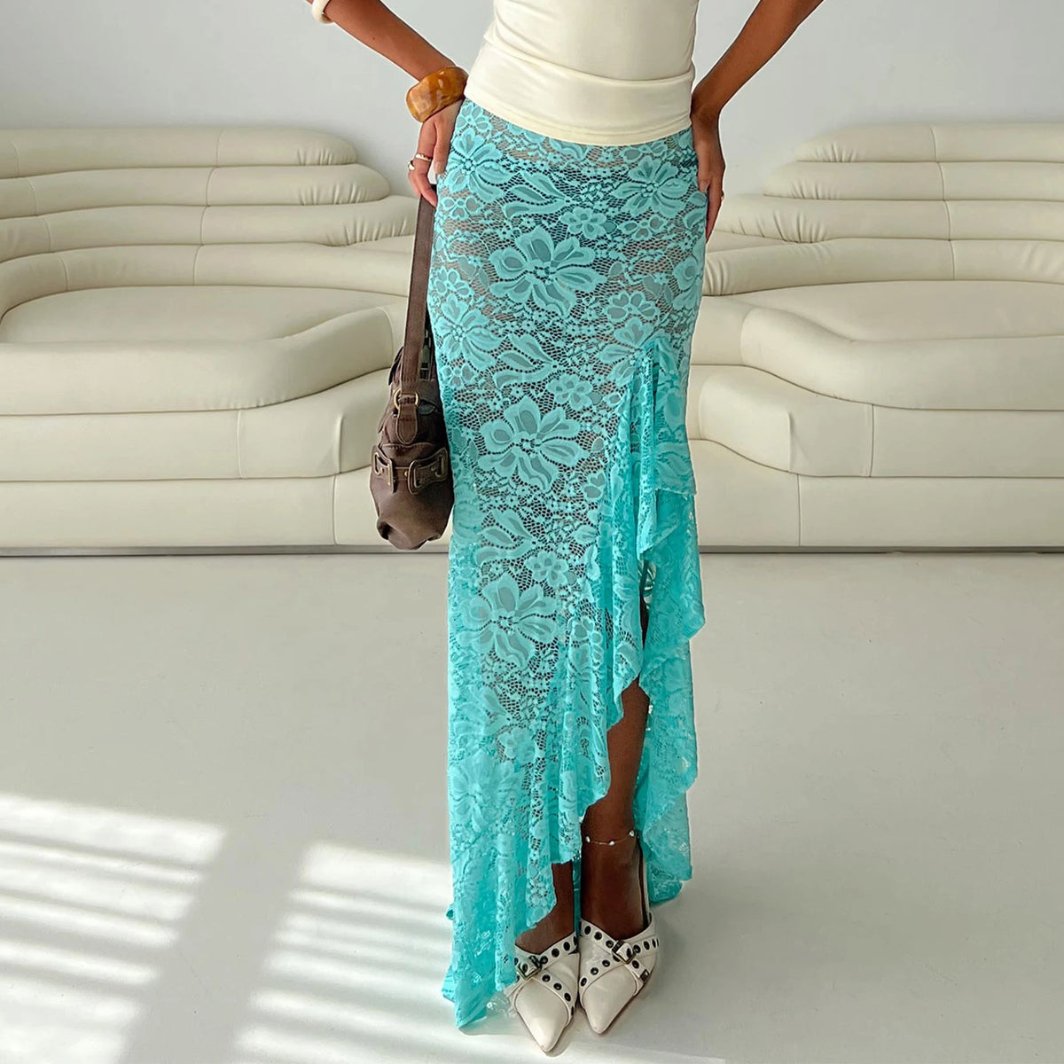 BXOXO Women's Fashion Long Skirts Sheer Lace High Waist Skirts Summer Y2K Vintage Irregular Ruffles Bodycon Skirts