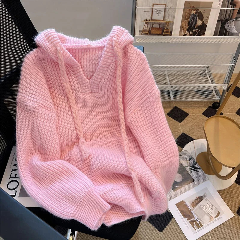 Bxoxo Autumn Knit Hooded Sweater for Women Korean Sweet Preppy Solid Pullover Y2K Harajuku All-Match Simp Knitting Jumpers Female New