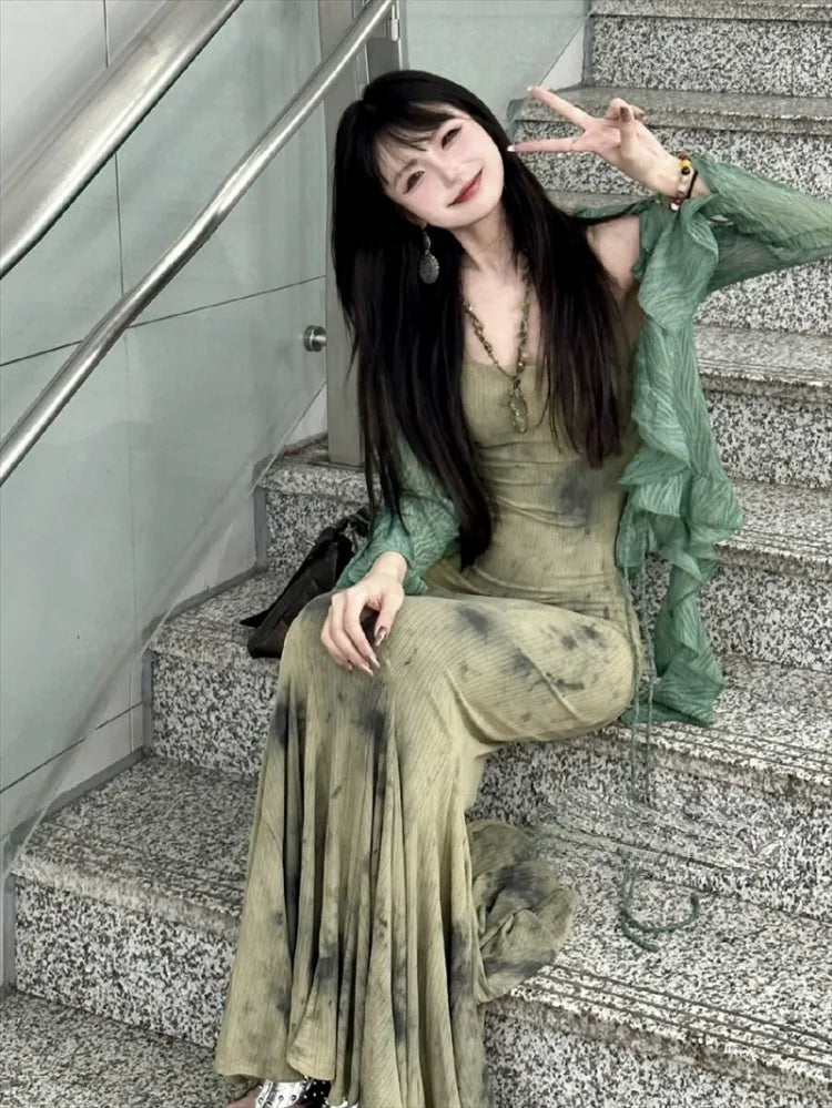 BXOXO New Chinese Style Halo Dyeing Slim Fit Camisole Dresses+ Y2k Ruffles Long Sleeve Green Cardigan Spring Two Piece Sets