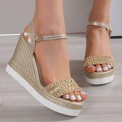 Gold Silver Glitters Wedge Sandals Women Buckle Strap Chunky Platform Sandles Woman Summer Non-Slip Thick Sole Sandalias Mujer