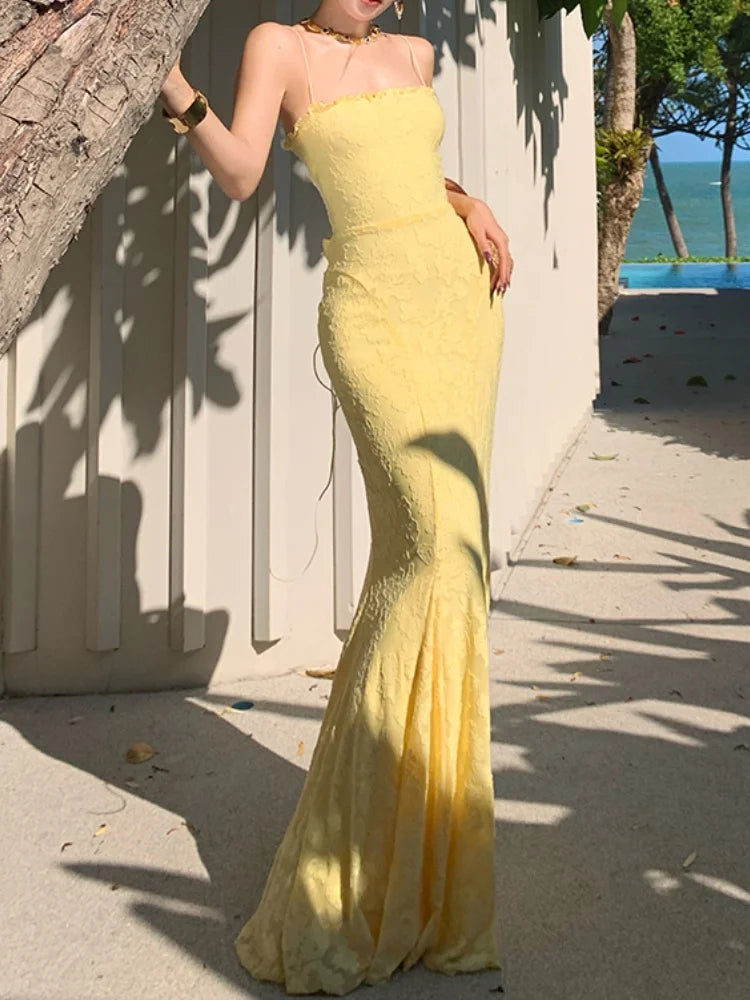 Bxoxo Women's Sexy Bodycon Party Dress Elegant Summer Yellow Lace-up Evening Spaghetti Strap Dresses 2025 New Chic Beach Holiday Robe