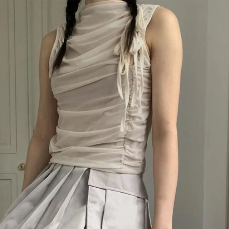 BXOXO Y2k Grunge Tops Women Hollow Out Sleeveless Mesh Tops Streetwear Vintage Retro Tank Tops Lace Up 2000s Japanese Vest