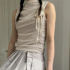 BXOXO Y2k Grunge Tops Women Hollow Out Sleeveless Mesh Tops Streetwear Vintage Retro Tank Tops Lace Up 2000s Japanese Vest