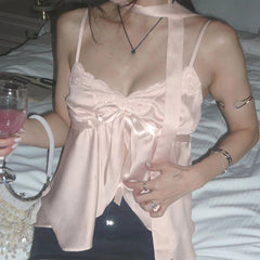BXOXO Kawaii Bandage Lace Pink Camisole Women Sexy Sweet Patchwork Satin Crop Tops with Slit Summer y2k Vintage Tank Tops Cute