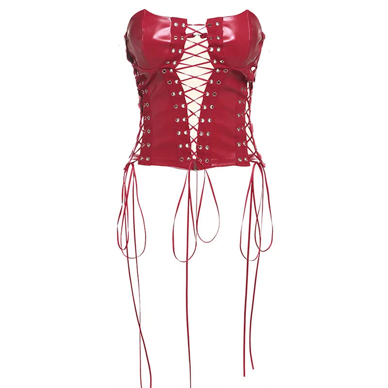 Bxoxo Sexy Gothic Women PU Leather Corsets Bustiers Lace-up Bandage Crown Girdle Slim Waist Back Zipper Strap Corset Tops Curve Shaper