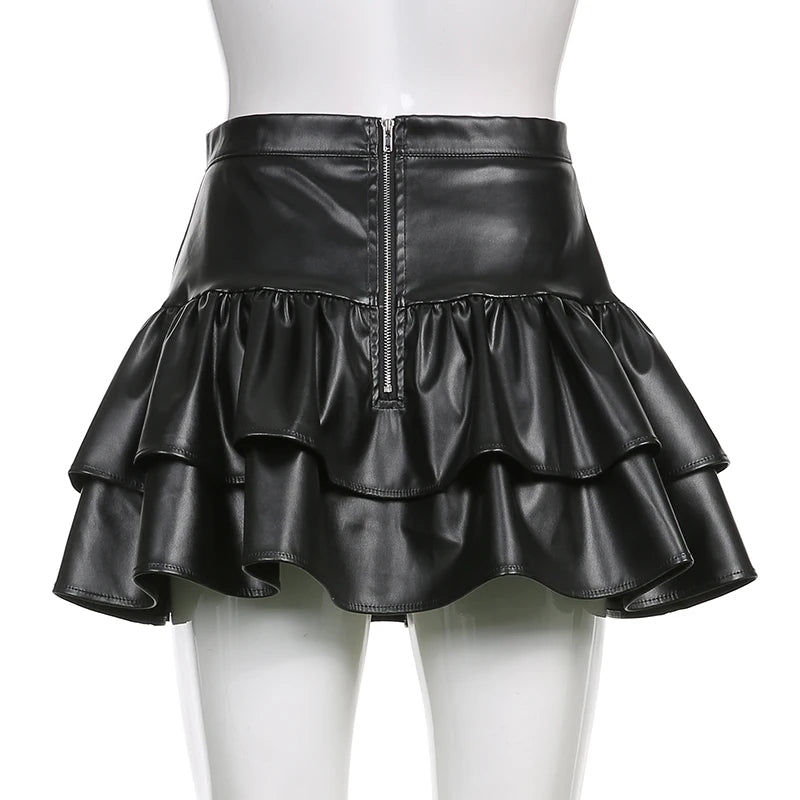 Bxoxo PU Leather Mini Skirts Punk Style High Waist Lace Up Bandage Black Pleated Skirt Streetwear Girls Dark Academia Clothes