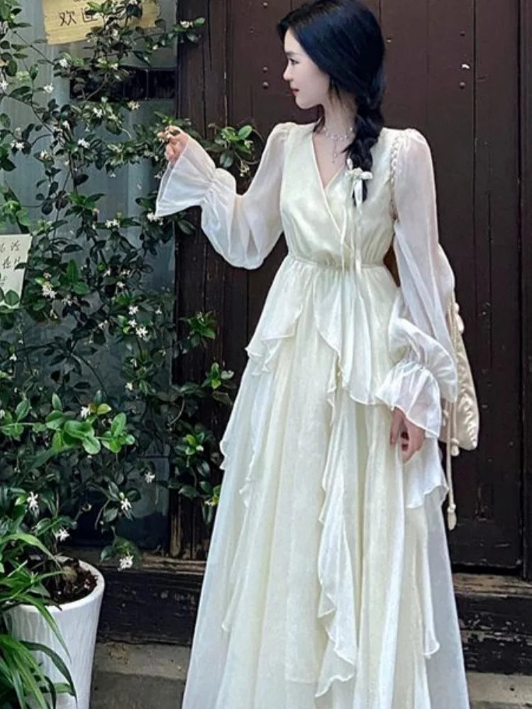 Bxoxo French Fairycon Ruffles Dresses For Women's 2025 New Summer Fashion V-Neck White Long Puff Sleeve Dress Holiday Beach Vestiods