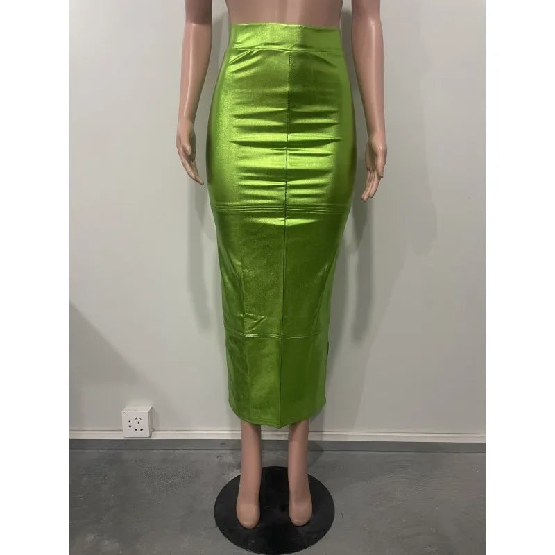 BXOXO Metallic Green Skirt Y2k Women High Waist Back Slit Maxi Shiny A-line Skirts Zipper Up Summer Streetwear Party Clubwear