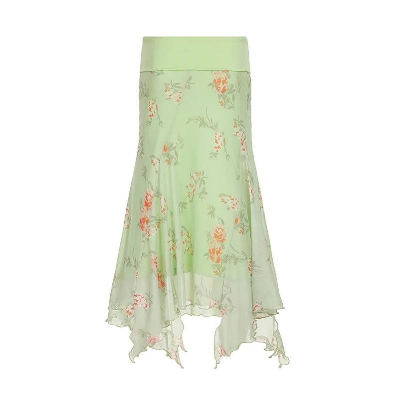 BXOXO Fashion Flower Print Irregular Low Waist Skirts Elegant Retro Design French Chic Long Skirts